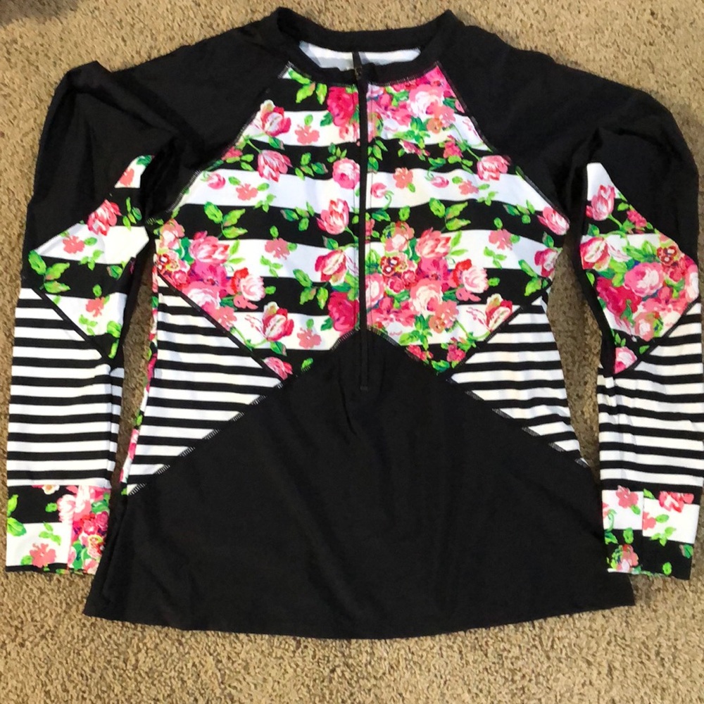 Aleumdr | Womens Zip Front Long Sleeve Rashguard Shirt | Floral Stripes